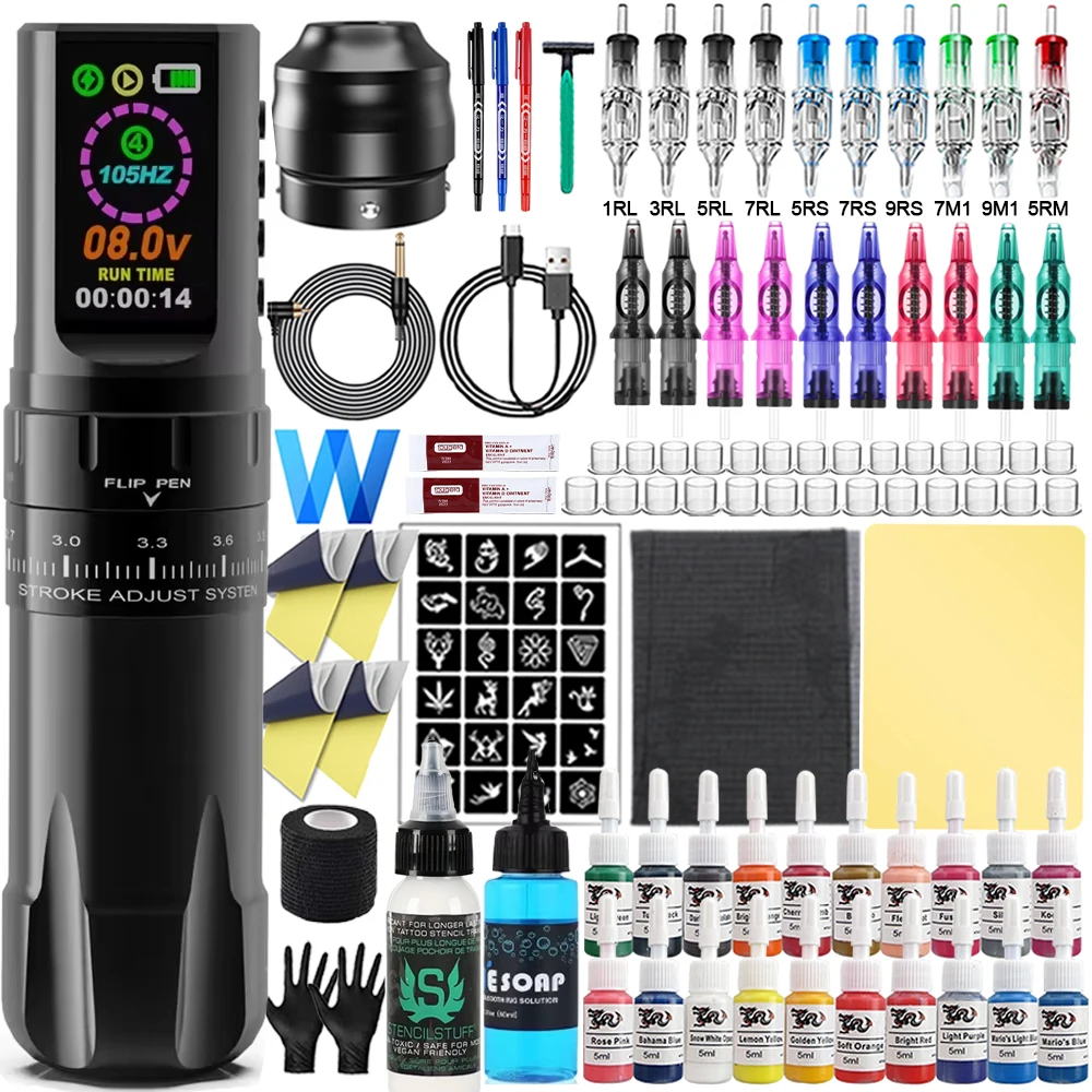 

Wireless Tattoo Kit 7 Strokes 2.4mm-4.2mm Machine Pen with Cartridge Tattoo Needles Tattoo Inks Kits Permanent Makeup Tattoo Kit