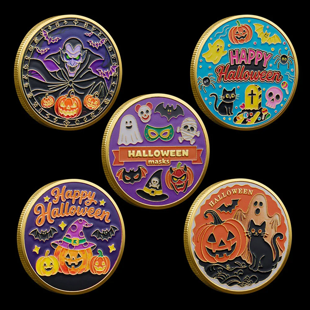 5Pcs Halloween Commemorative Coin Set, Gold Plated Colorful Pumpkin & Vampire Collectible Coins Cute Holiday Souvenir Set