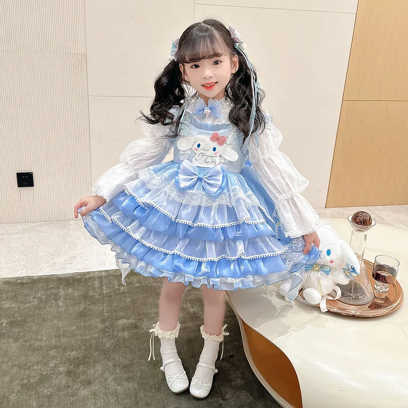 Spring Summer Cinnamoroll Cartoon Lolita Dress Girl Sweet Cute Bow Lace Tiered Skirt Party Dress Festival Gift Birthday Gift - view 2
