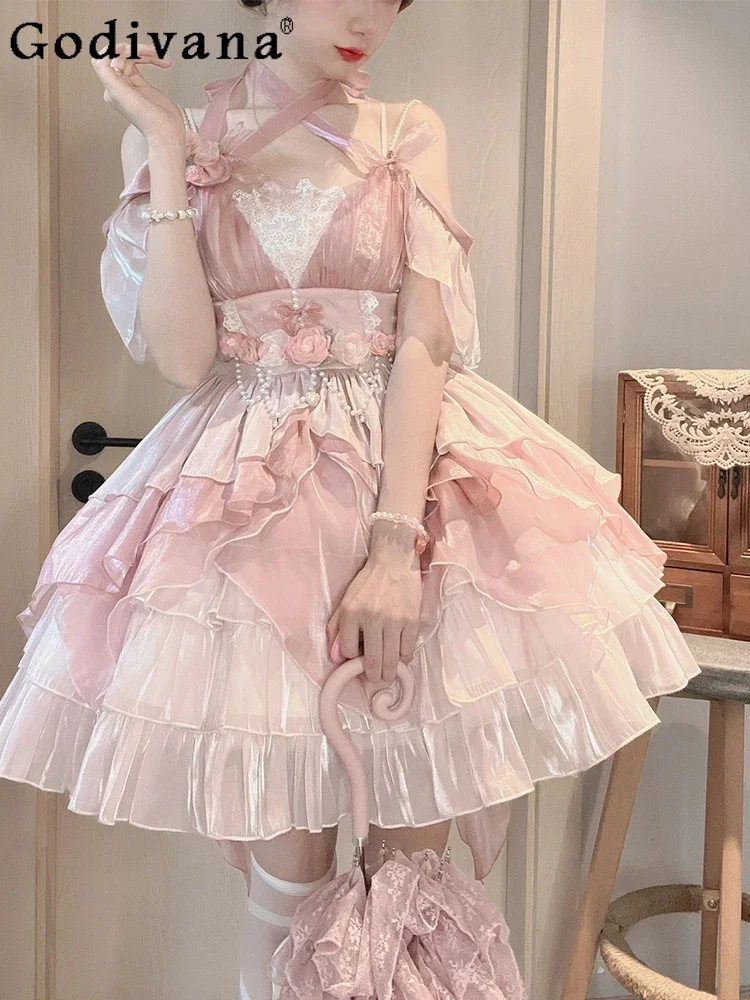 

Japanese Sweet Y2k Girly Lolita Pink Dress Summer Fashion High Waist Slim-fit Dresses Bow Pearl Lace Elegant Dress for Women