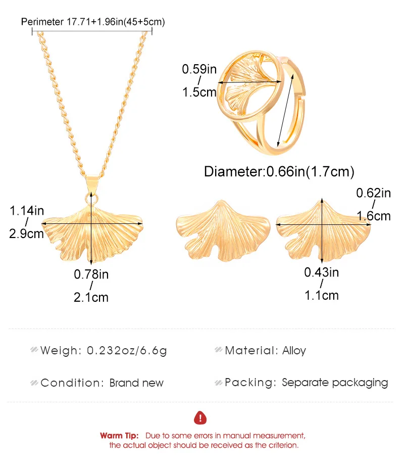 Fashion Geometric Gold Color Ginkgo Biloba Leaf Earrings Ring Necklace Creative  Three-Piece Set Simple Charm Woman Jewelry Set