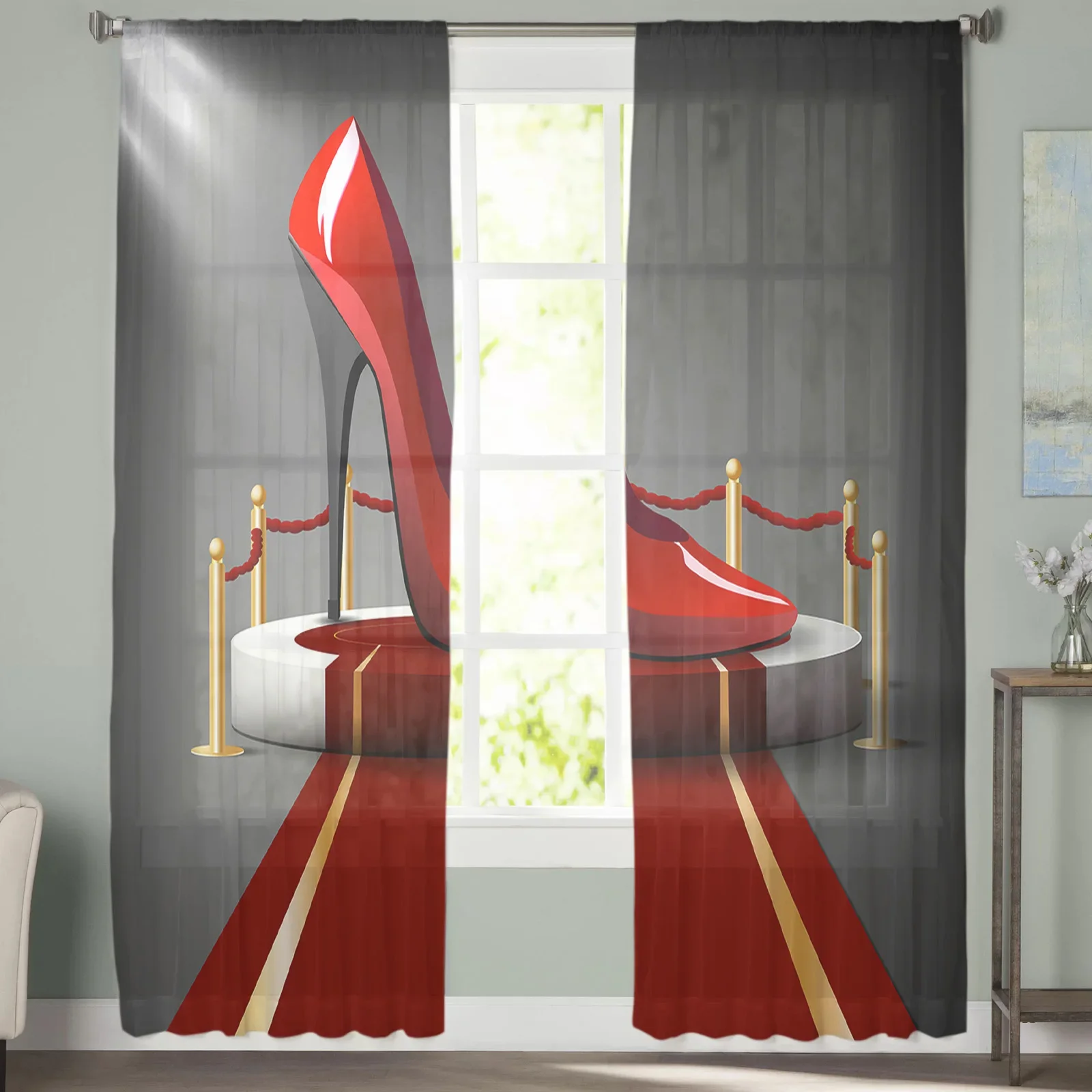 Red Carpet High Heeled Shoes Exhibition Hall Sheer Window Curtains for Living Room Bedroom Girls Room Decoration Tulle Curtains