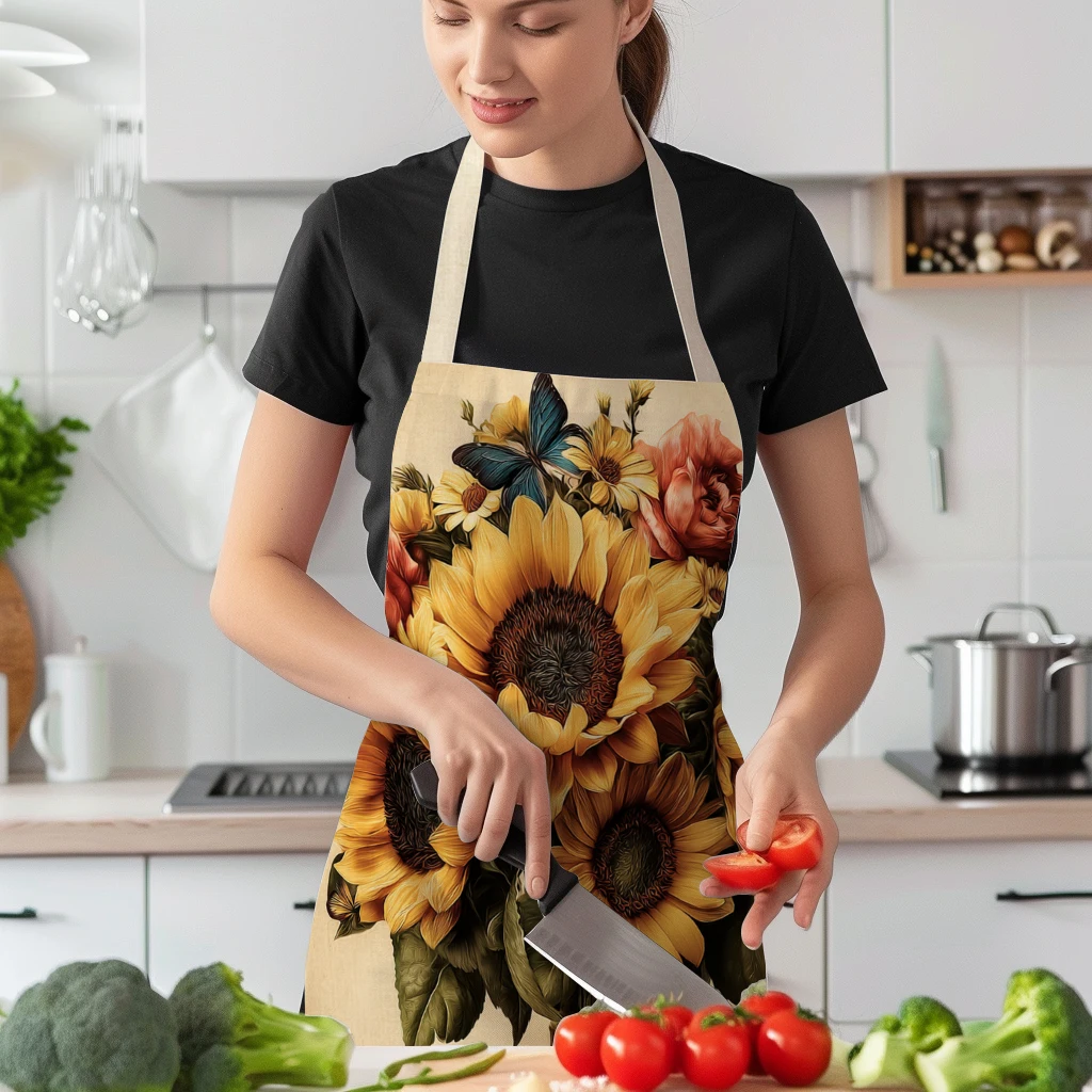 Sunflower & Butterfly Pattern Polyester Apron - Stylist Cooking Apron, Fashionable Kitchen Polyester For Art Studio, Home Use
