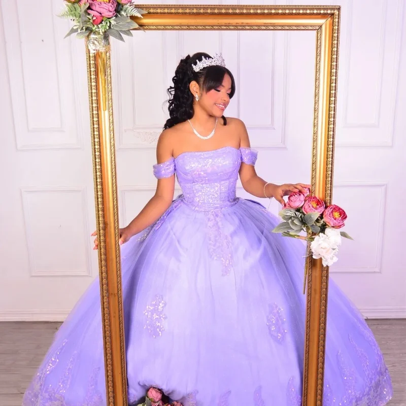 

Shiny Purple Quinceanera Dress off-shoulder Lace glitter decal Long tail Bow vestidos de 15 Quinceanera ﻿Customize