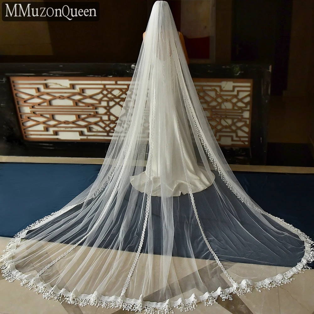 MMQ Luxury Embroidered Lace Edging Bridal Veil Cathedral Wedding Accessory White Soft Tulle Women's Wedding Dress boda M18