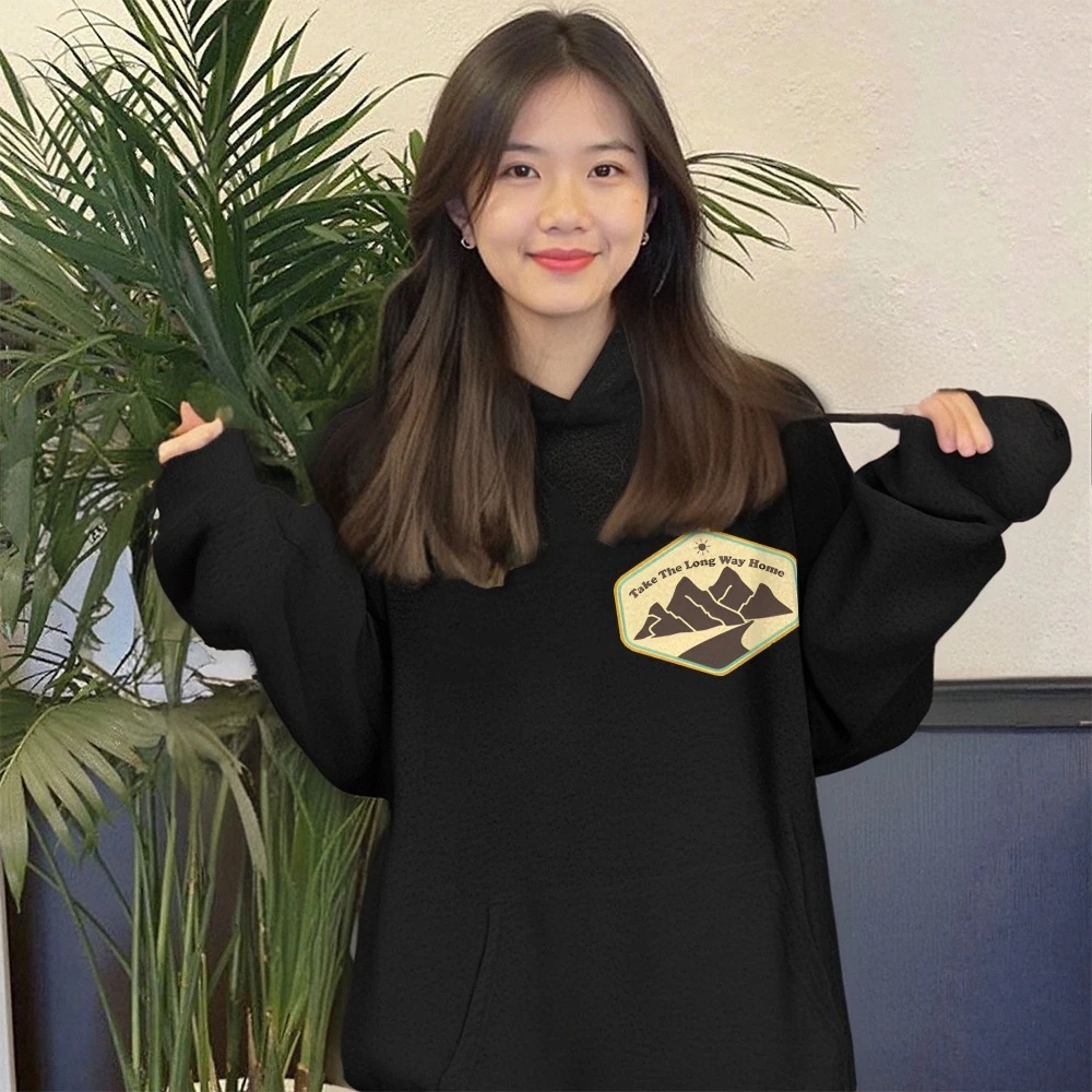 Mountain Path Hoodie Black Hoodie Take The Long Way Home Badge Graphic Casual Loose Long Sleeved Adventure Mood Comfortable Top