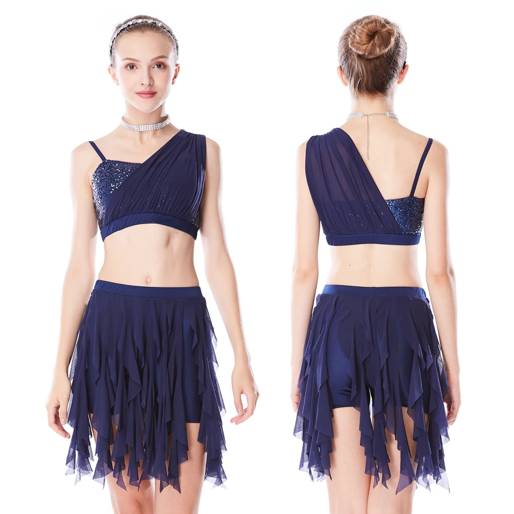 MiDee One Shoulder Sequins Top Soft Mesh Spiral Skirt Cheerful Lyrical Contemporary Dance Costume 2 Pieces