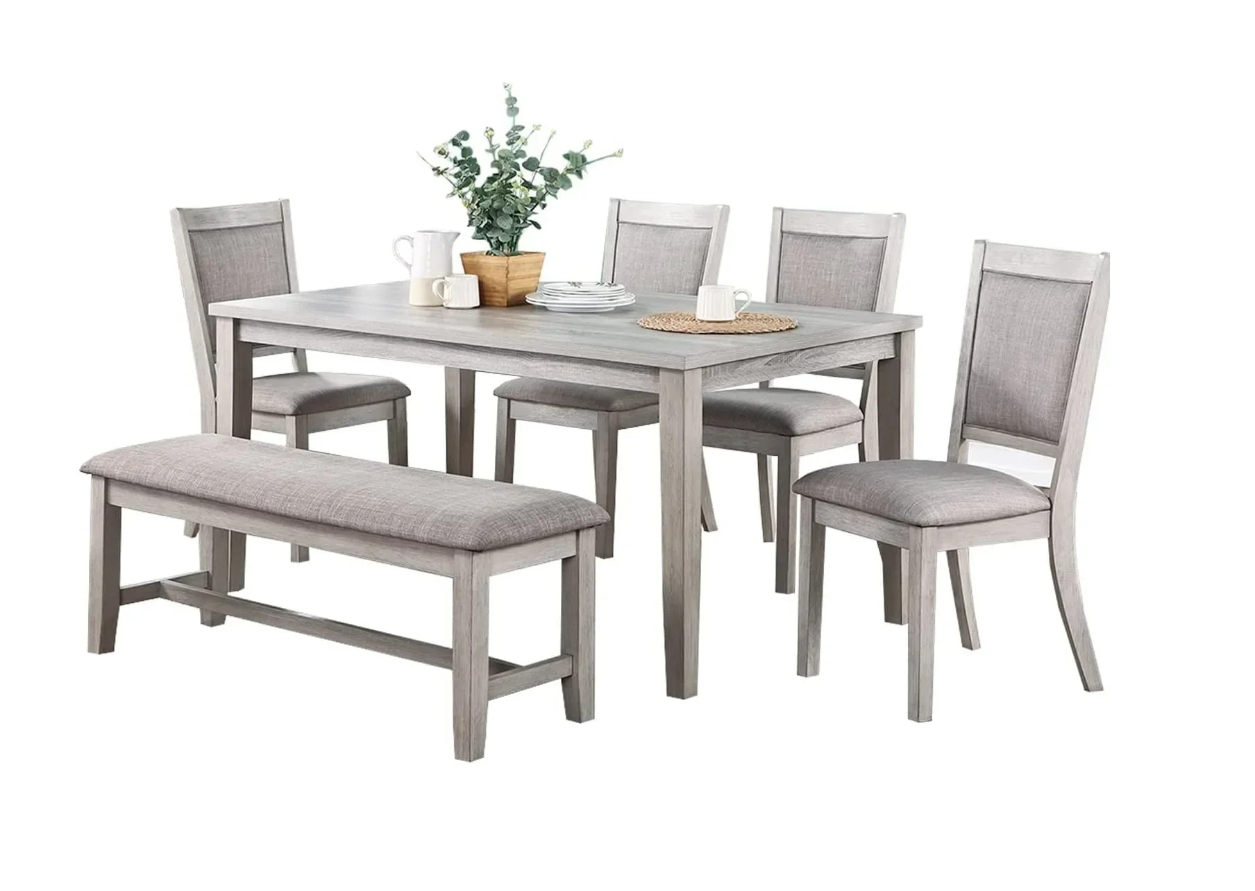 

Contemporary Dining 6pc Set Table w 4x Side Chairs And Bench Natural Finish Padded Cushion Seats Chairs Rectangular Dining Table