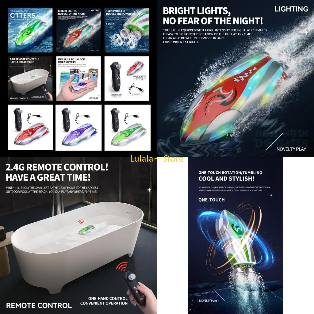 Y4QA Remote Control High Speed Boat Toy for Adult 2.4GHz Fast Mini Stunt Rolling Boat for Lakes Pool Kids Boy Electronic Gift