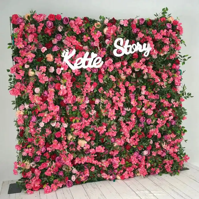 

3D Wedding series Rose Red rose Green leaf roll cloth artificial plant flower wall Outdoor wedding background decorative wall