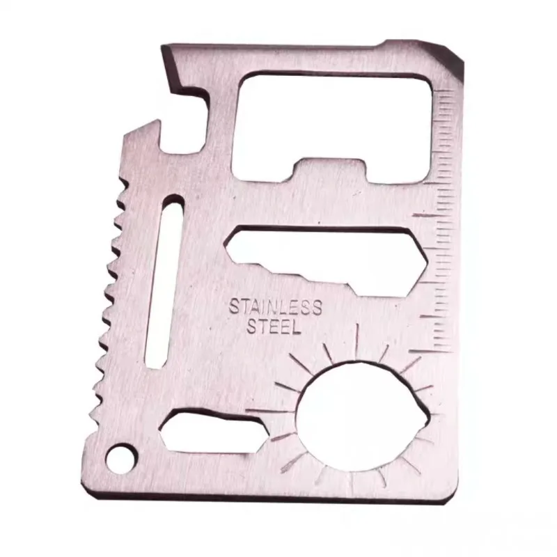 Stainless Steel Multifunctional Outdoor Tool Card with Bottle Opener Ruler Leather Case EDC Survival Pocket Tool for Camping