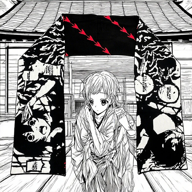 

Winter Japanese black and white anime animated scarf y2k retro unique cartoon feeling pull full scarf