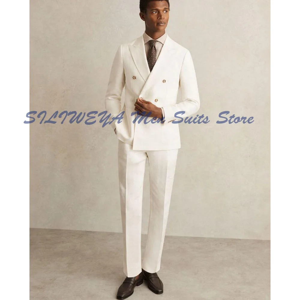 

Formal Occasion Men's Suits Double Breasted High Quality Fashion Classic White 2 Pieces Jacket Pants Peak Lapel Banquet Clothing