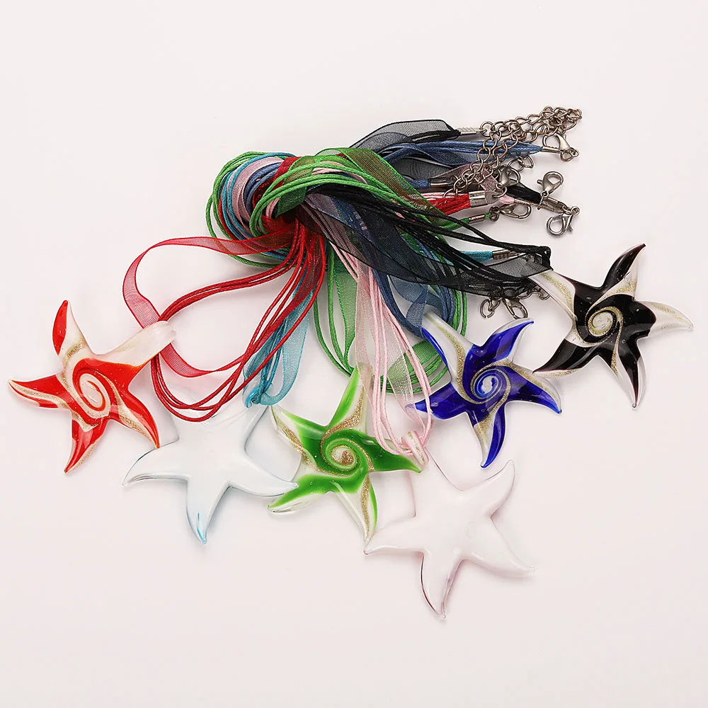 Fashion Wholesale 6pcs Handmade Murano Lampwork Glass Mix Color Reticular Starfish Pendants Charms Necklace Hot necl0051