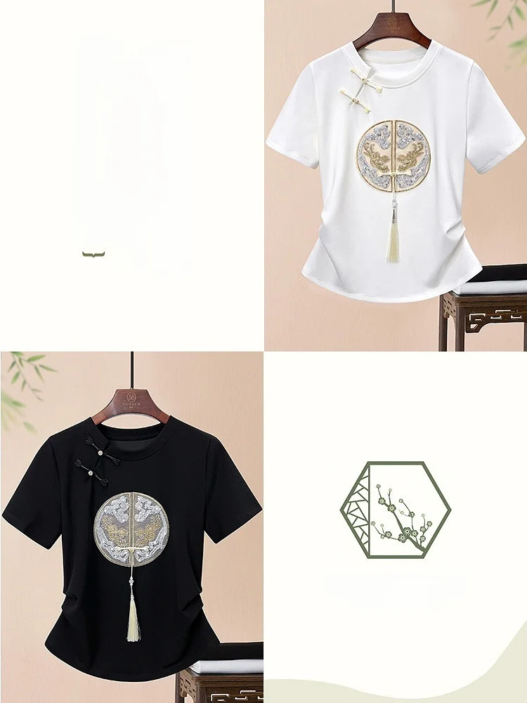 T-shirt ort Sve in puro cotone ricamato bianco da donna New Chinese Sle Button up Top Summer High End Sensation