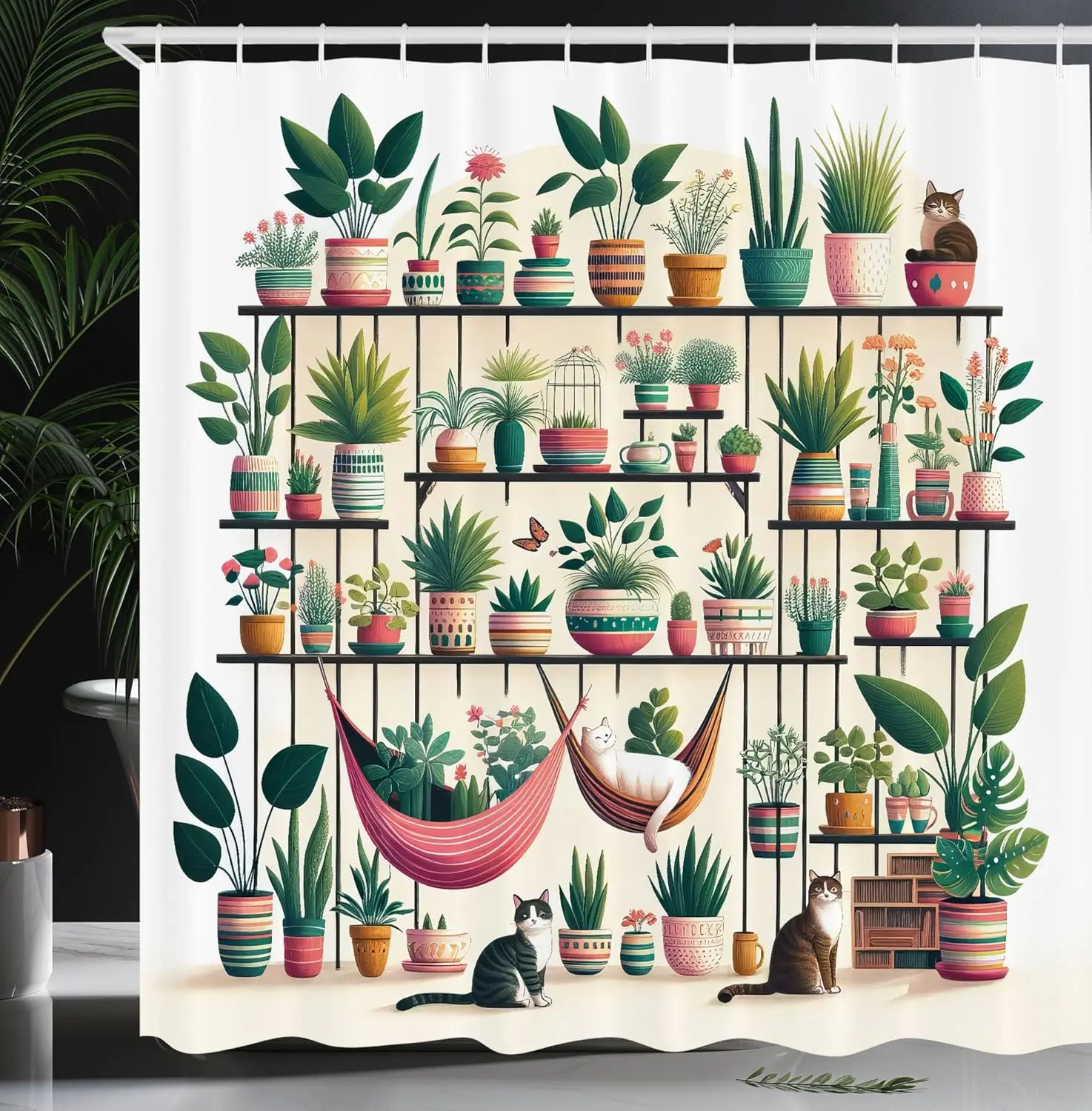 

Indoor Garden Illustration with Cats and Bohemian Pots Print, Cloth Fabric Bathroom Decor Set with Hooks, Hunter Green