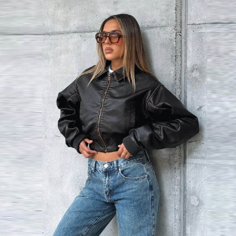 여성 패션 빈티지 라펠 숏 가죽 재킷 캐주얼 루즈 지퍼 코트 2025 가을 여성 클래식 스트릿웨어 출퇴근 코트