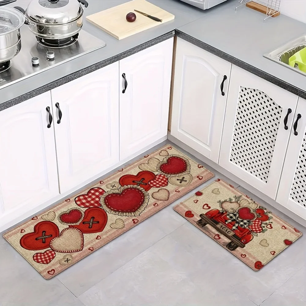 Valentine's Day Red Button Truck Kitchen Mat, Rustic-Style Mat, Home Decor for Bedrooms and Living Rooms