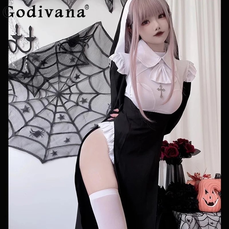 Disfraz de sirvienta de vampiro para mujer, disfraz de Halloween, Grim Reaper, conjunto de vestido de monja, disfraz de enfermera Sexy, trajes largos ajustados