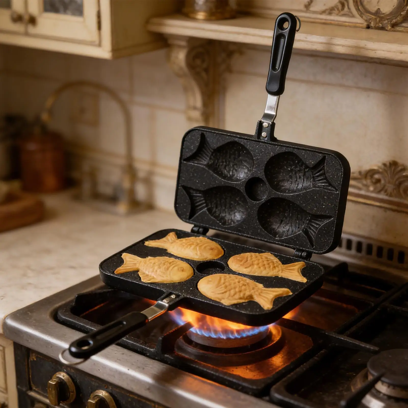 Japanese Fish Shaped Waffle Cake Maker Pan Taiyaki 4 Pan Fry Pan Waffle Molds Cake Bake Dessert Cooking for Home Kitchen DIY