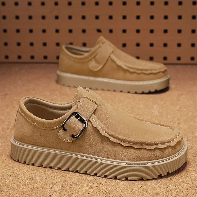 Men's Beige Suede Casual Loafers in Large Sizes Comfortable Thick Soled Non Slip Walking Shoes Fashionable and Trendy Shoes 2025