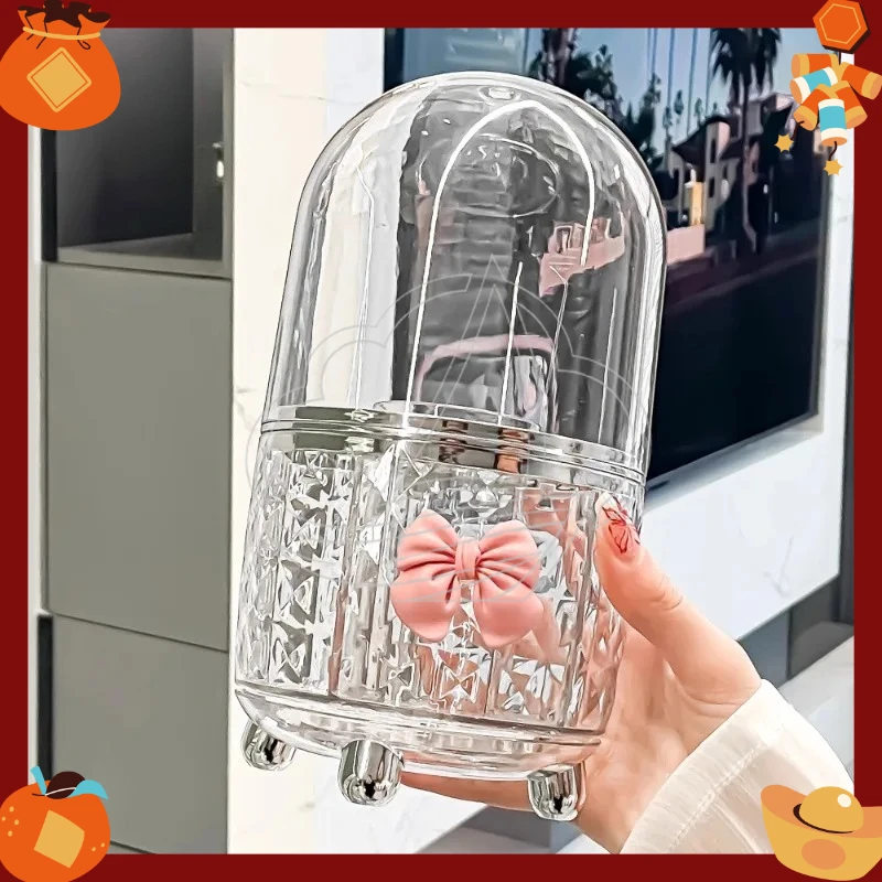 360° Rotating Transparent Makeup Storage Tube with Lid, Cosmetic Brush Holder for Bathroom