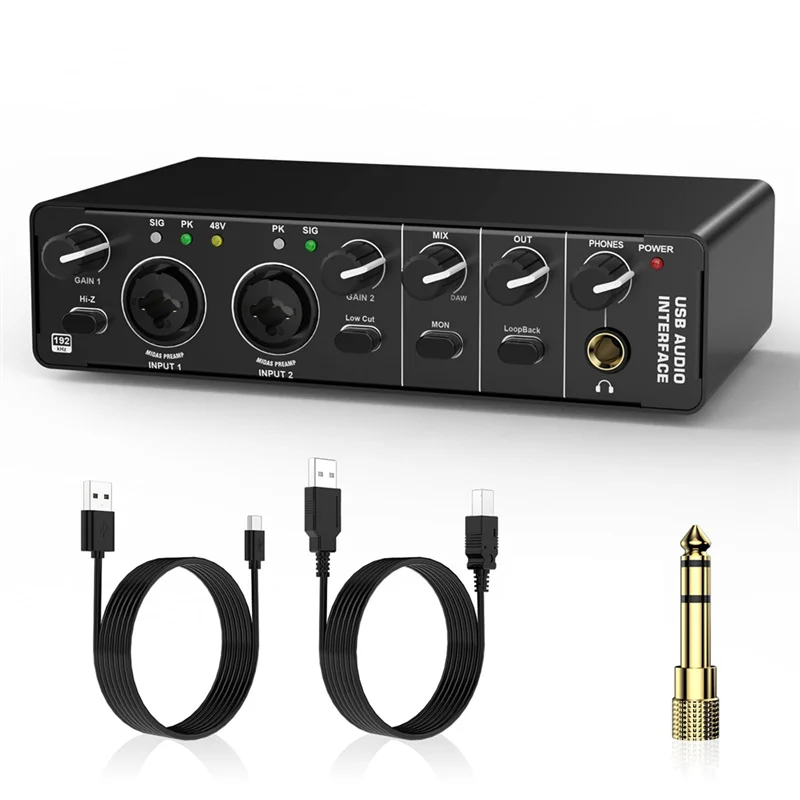 VVNB-USB 오디오 인터페이스, 기타리스트, 보컬리스트, 팟캐스터용 녹음용 48V 팬텀 전원이 포함된 2 In 2 Out 오디오 인터페이스