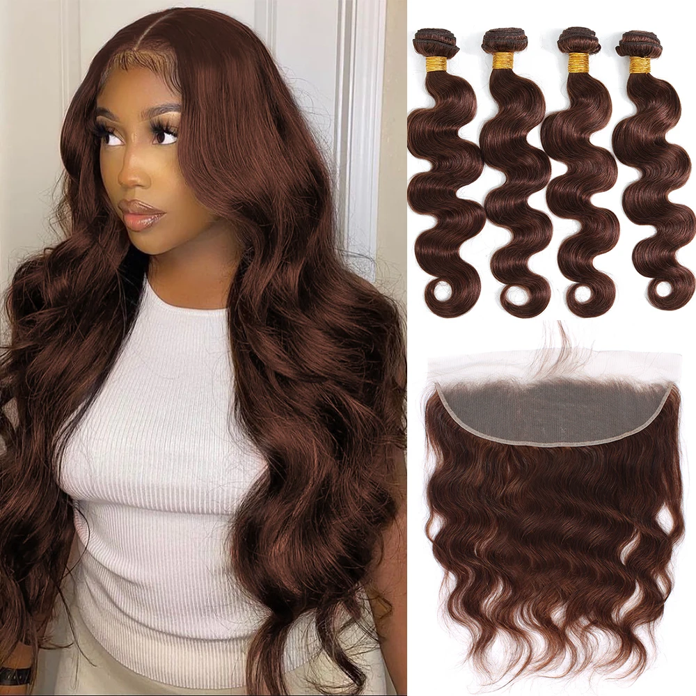 Brown Human Hair Bundles With Closure Colored Brazilian Body Wave 3/4 Bundles With HD Lace Frontal Closure Extensions For Women