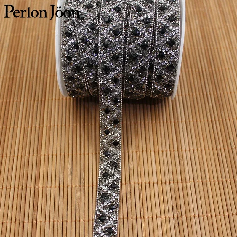 1 Yard Grey Black Geometric Square Glass Crystal Hot Repair Tape DIY Clothing Accessories Decoration Rhinestone Trim TR156