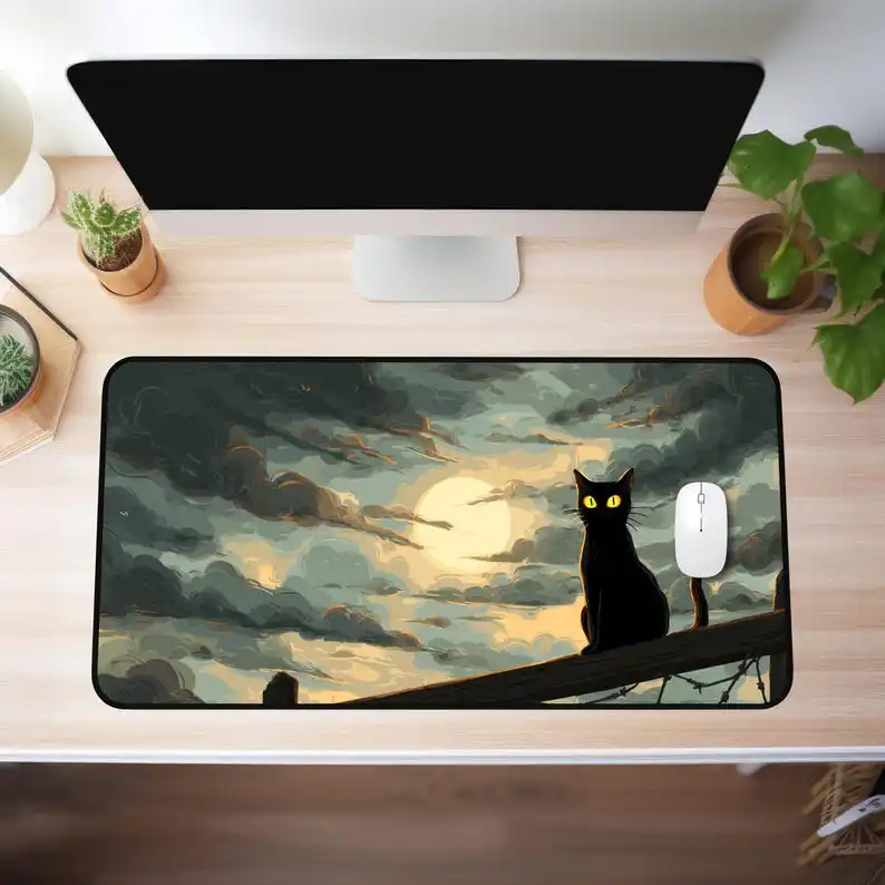 Extra Large Black Cat Mouse Pad - A Gift for Cat Lovers - Halloween Desktop Decoration - Spooky Cat Desk Mat, Gaming Mouse Pad
