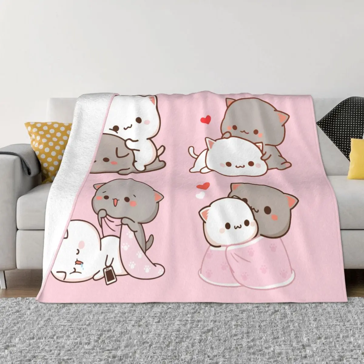 Kawaii Peach And Goma Cartoon Blankets Mocha Mochi Peach Cat Fuzzy Throw Blankets Summer Autumn Winter Soft Warm Bedspreads