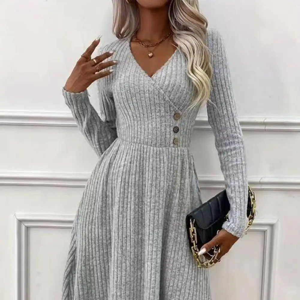 Polyester Women Dress Elegant V Neck Sweater Dress with Button Decor A-line Silhouette for Autumn Winter Commuting Wear High