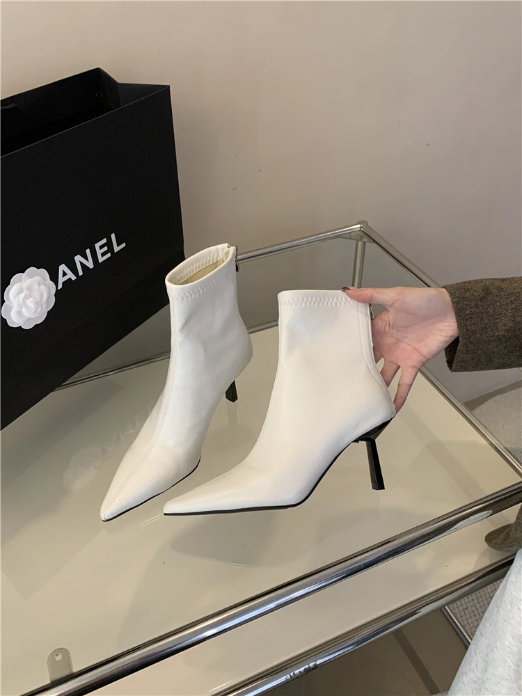 

Slimming Brown Lychee Pattern High Heel ort Boots Women's Faion Boots Pointed Toe Thin Heel Retro Sle Winter Wear