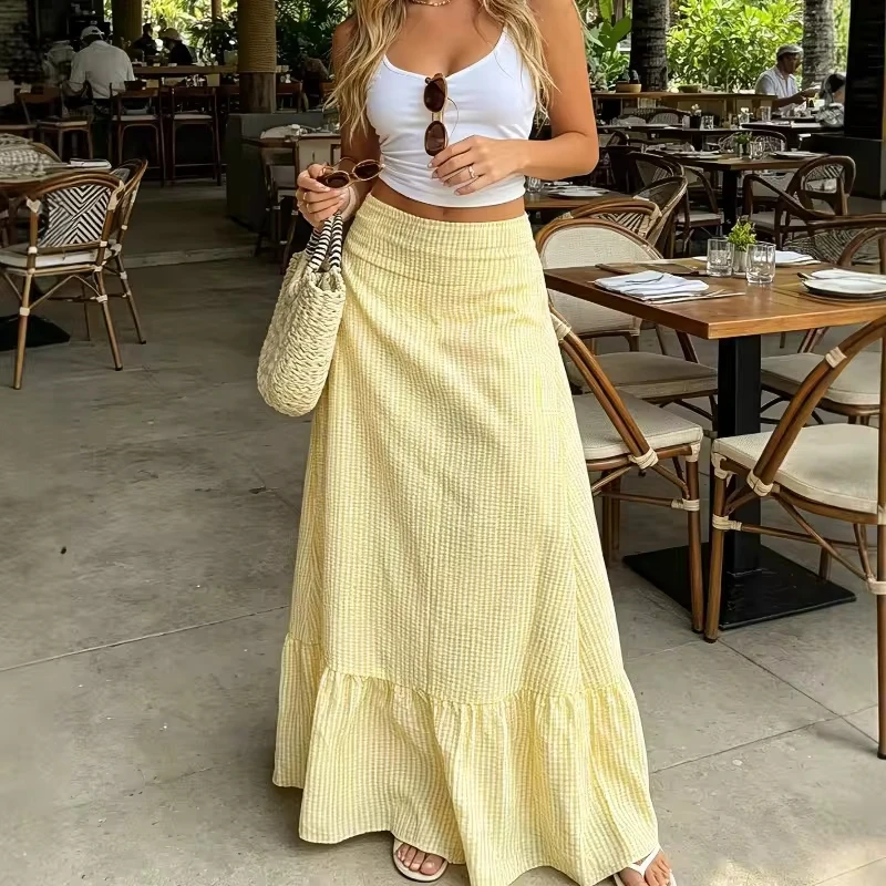 Gingham Striped Ruffles A Line Maxi Long Skirt Women Summer Casual Umbrella Big Hem Casual Vintage Skirts Holiday High Waist