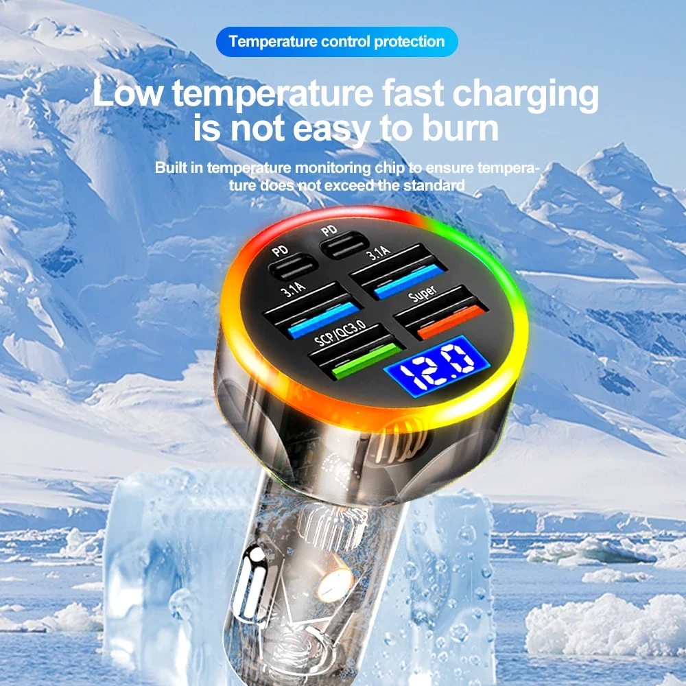 Total 200W Car Charger Super Fast Charging 6 In 1 Multi-port Voltage Car With Vehicle Digital Display Mobile car Phone Charger