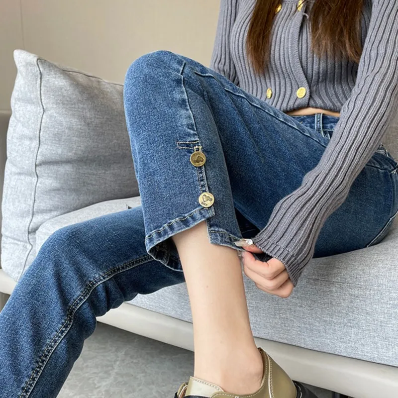 Jeans skinny dritti in denim di alta qualità da donna a nove punti piccoli nuovi pantaloni dal design stretto elasticizzato a vita alta