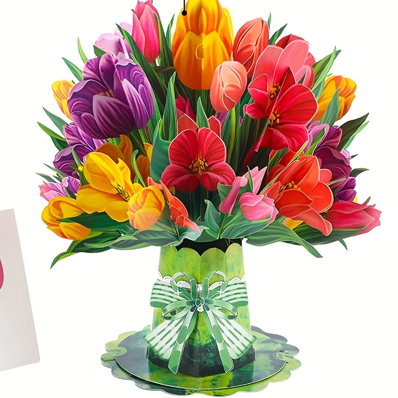 3D Tulpenstrauß Pop-Up-Grußkarte mit Notizkarte und Umschlag, florale Pop-Up-Karte für Hochzeit, Geburtstag, Jahrestag