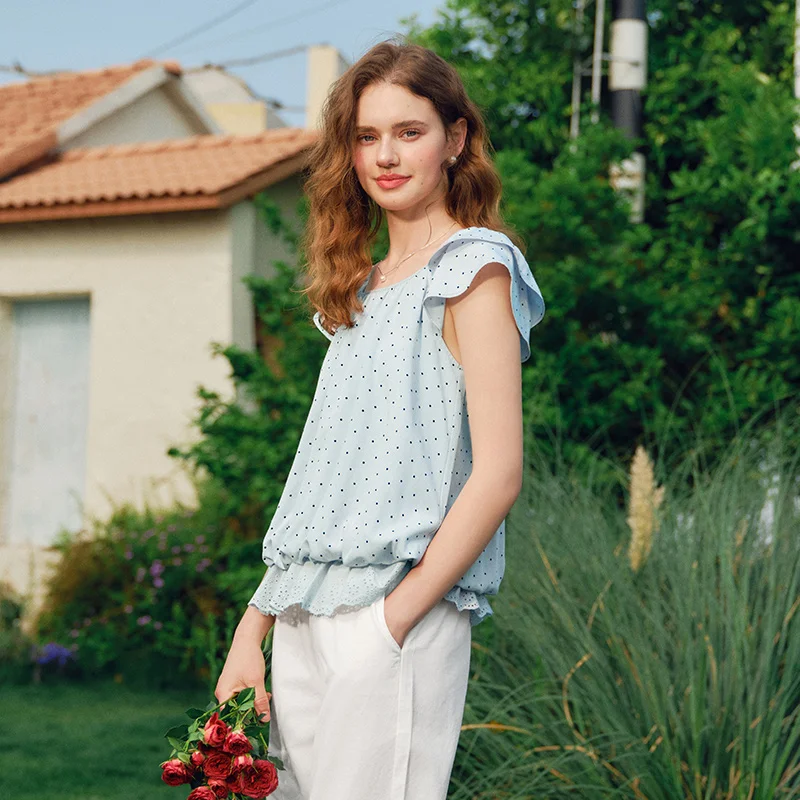 Semir Korte Mouw Blouse Vrouwen Crop Top U-hals Polka Dot Borduren Ontwerp 2025, Nieuwe Zomer Zoete Bubble Mouw top