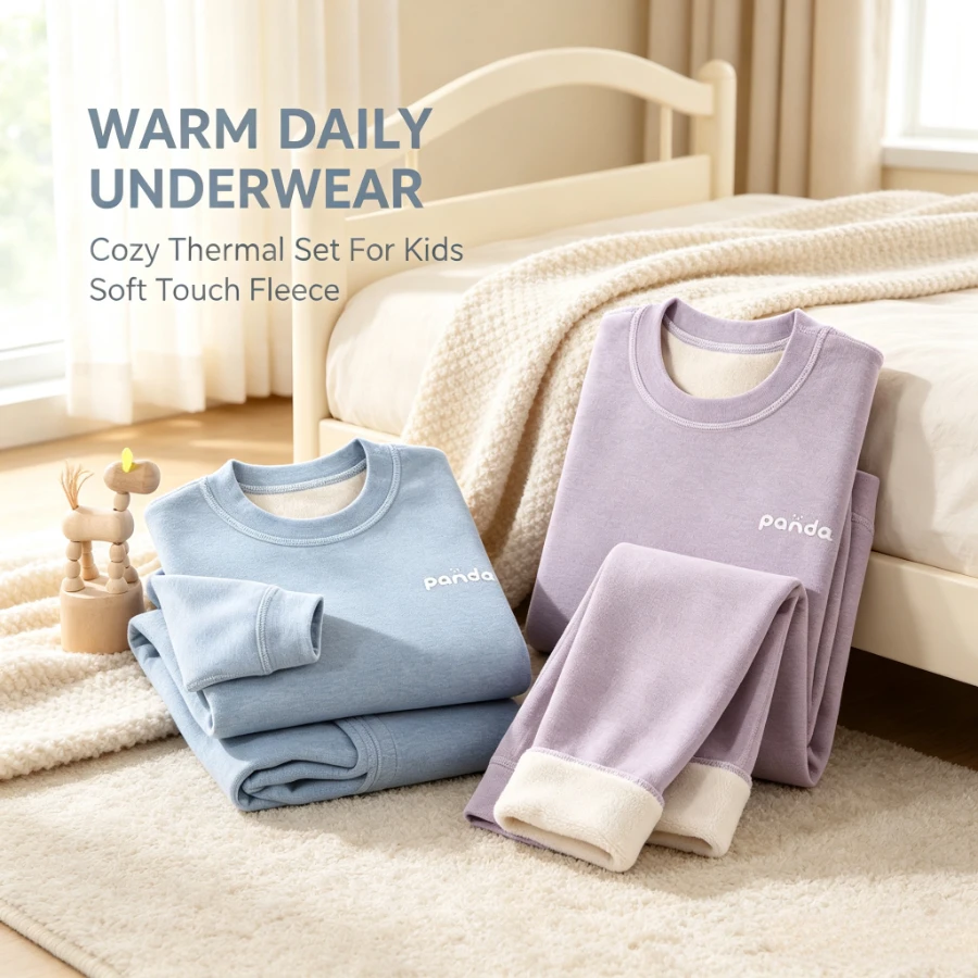 Kids Fleece Lined Thermal Underwear Set with Smile Print Ribbed Knit Long Sleeve Top and Pants Boys Girls Warm Winter Base Layer