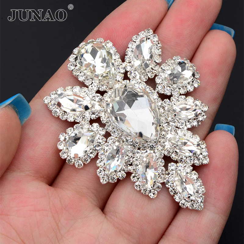 JUNAO 1Pc 45*59mm Sewing Purple AB Glass Rhinestones Flowers Gold Claw Strass Appliques Sew On Crystal Stones for Clothes Shoes