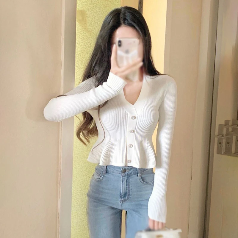 Women's Pullover  Autumn Winter Slim Fashion Knitted Top V Neck Temperament Knitted Long Sleeves Solid Color