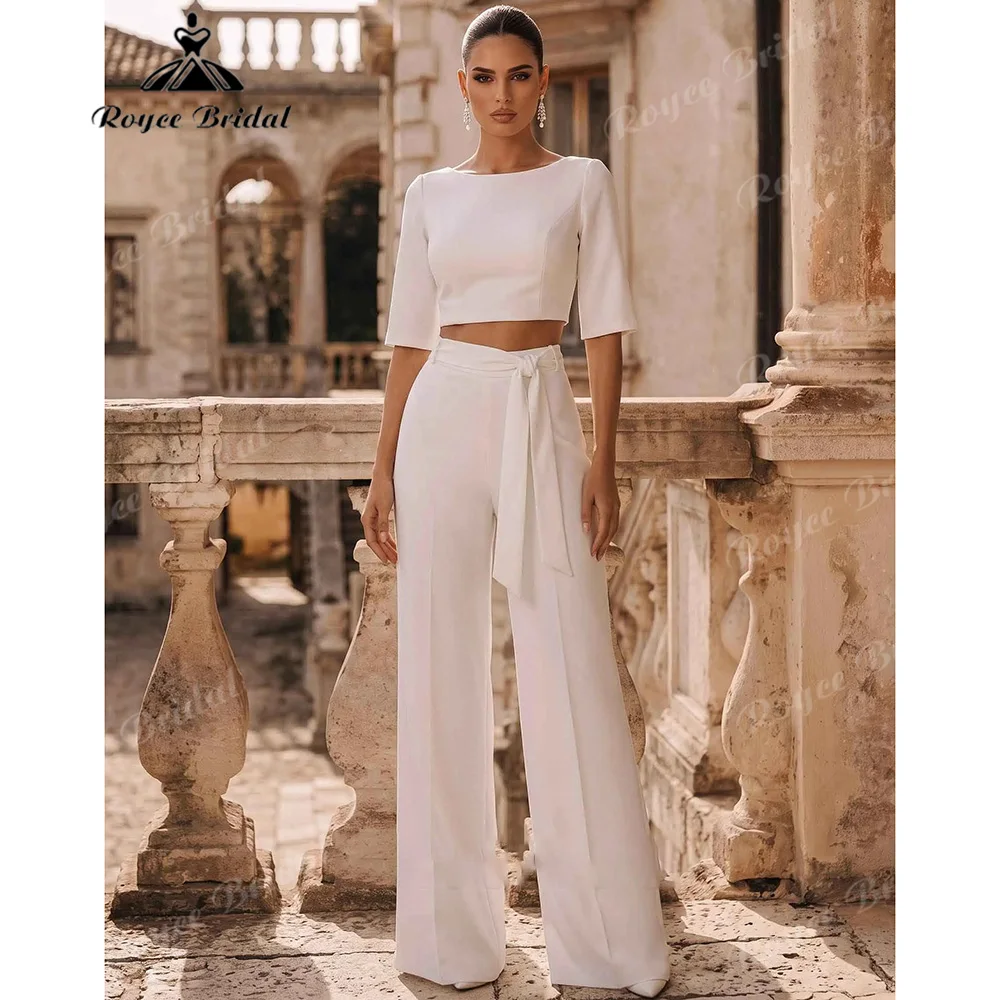 Modern Two Piece Wedding Jumpsuit Bateau Neck Elbow Sleeve Deep V Back Bow Tie Civil Courthouse Wedding Customized