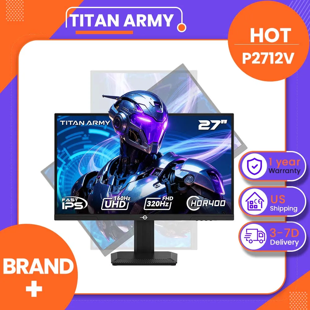 TITAN ARMY 27 Inches P2712V Gaming Monitor, 4K@160Hz/1080P@320Hz Dual Mode, FAST IPS panel, HDR400, Adaptive Sync, Ergonomic RGB, 1.07 Billion Colors, 8bits+FRC, 100*100mm VESA, 178(H)/178(V), 3-Sided Bezel-Less Design