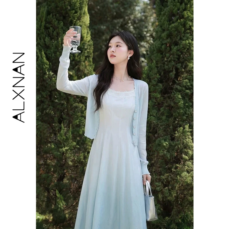 

ALXNAN Blue Knit Cardigan Wavy Edge Thin Style Summer Long Sleeve Cardigans 2026 Elegant Fashion Ladies Tops QYM002053