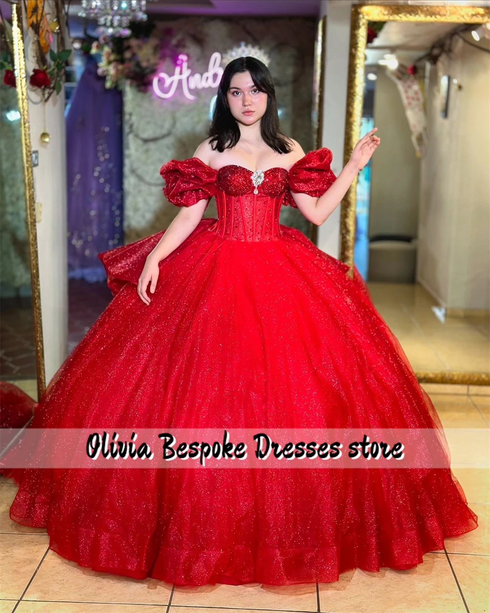 Shimmery Red 15 Year Old Quinceanera Dresses Off The Shoulder Beaded Crystal Ball Gown Mexican Birthday Graduation Dress