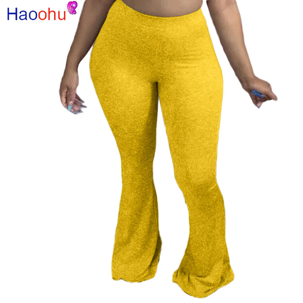 HAOOHU Streetwear Women Elastic Wide Leg Flare Skinny Pants Leggings Bellbottoms High Waist Trousers Draped Jogger Sweatpants