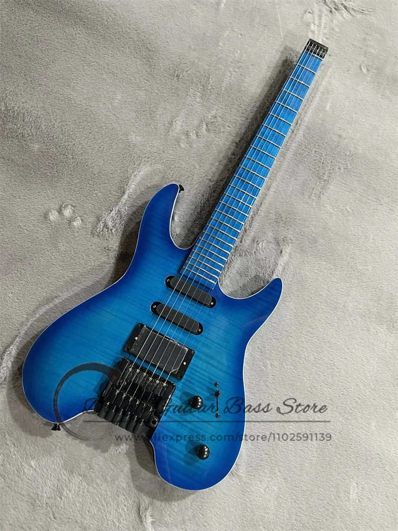 Headless Electric Guitar Blue Body Flamed Maple Top Cream Binding Blue Fingerboard High Quality Bridge