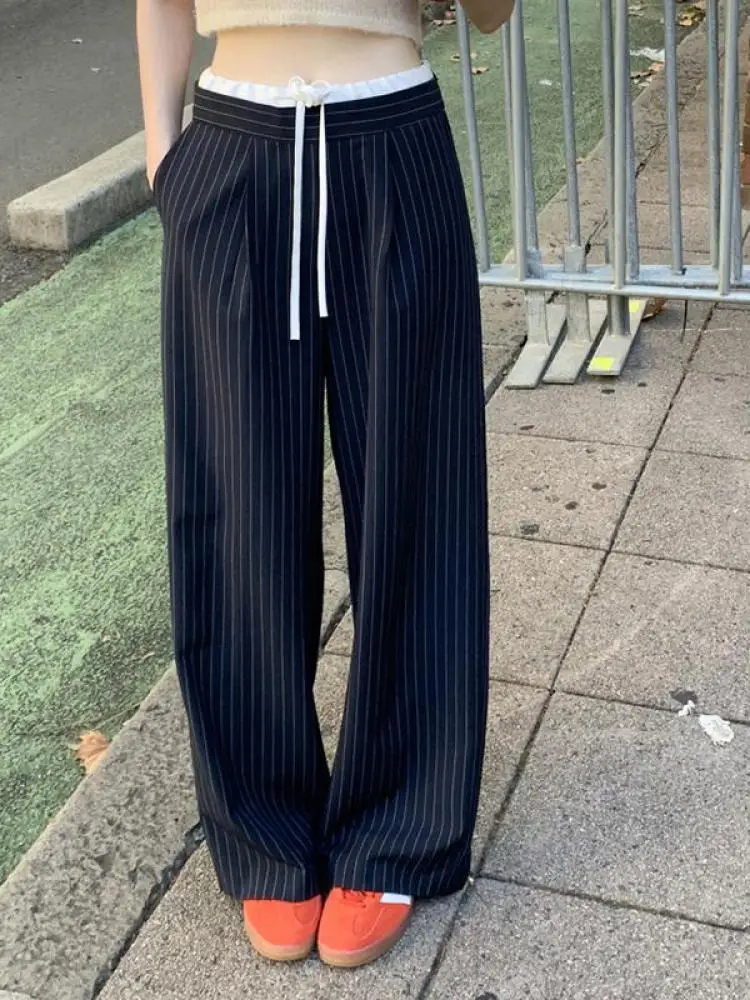 

Korean Women Fashion Blue Grey Striped Drawstring Lace Up Loose Straight Pants Spring Summer High Waist Wide Leg Trousers Trendy