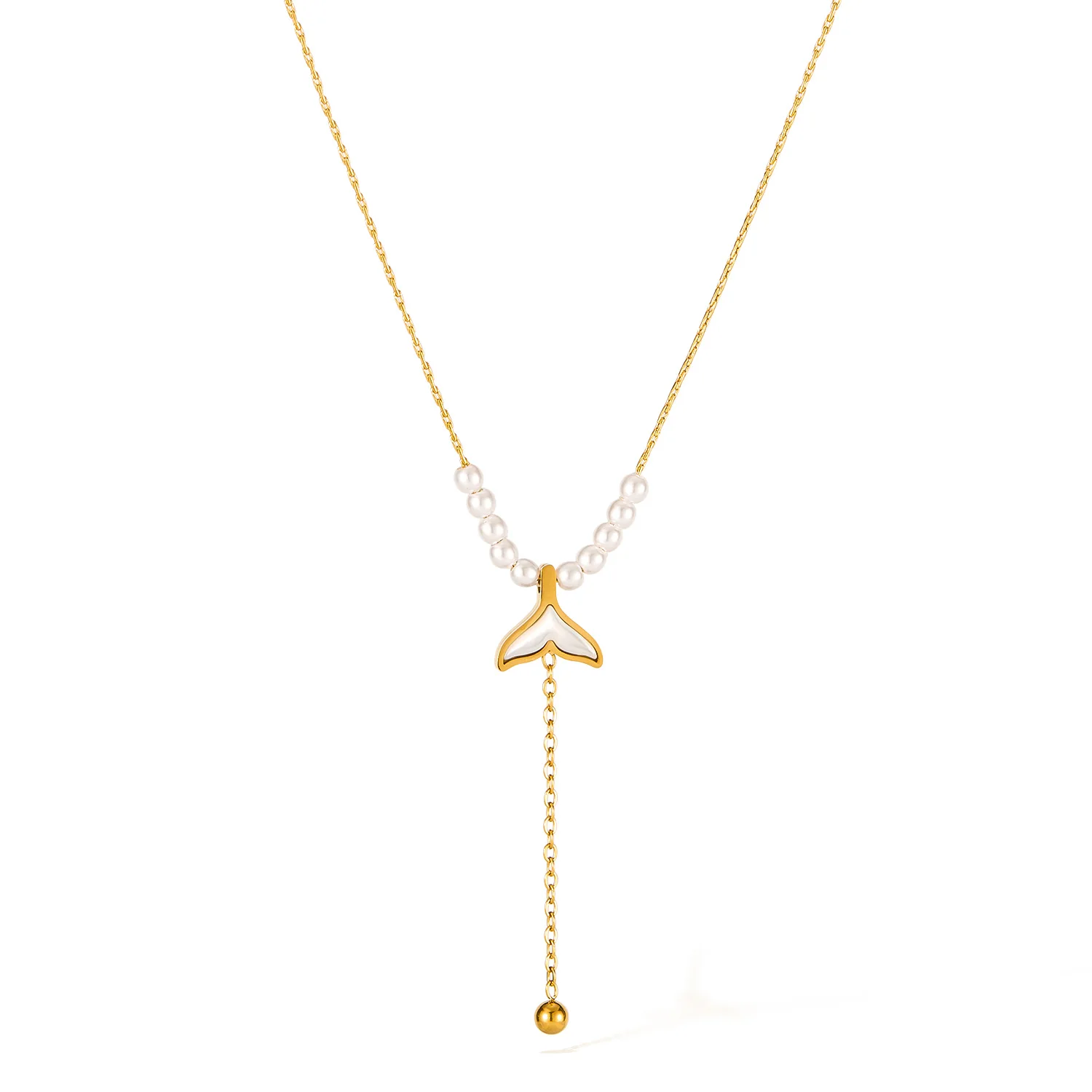 

Elegant Mermaid Tail Pendant Necklace – Stainless Steel Pearl Tassel Collarbone Chain for Women