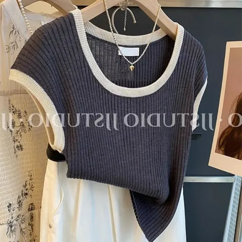

Women Contrast Trim Knit Tank Top Sleeveless Ice Silk Ribbed Summer Blouse